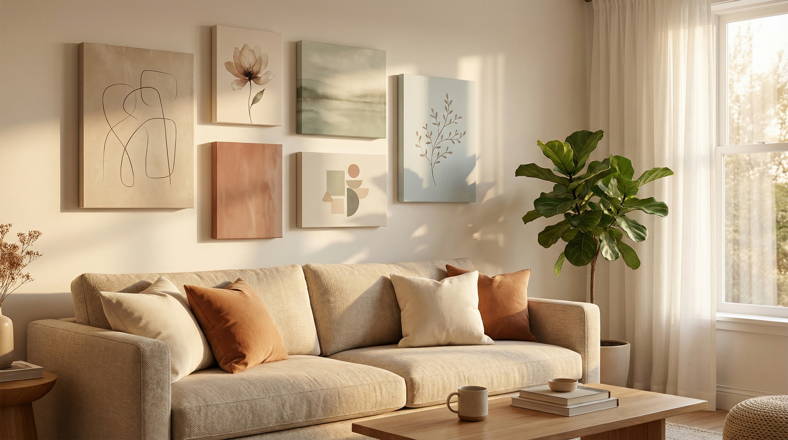 Modern living room with curated wall art prints
